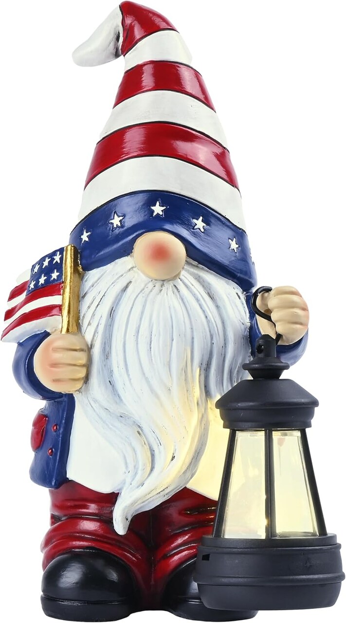 4th of July Patriotic Gnome with Solar Lantern – 7.9" Resin Garden Gnome Holding American Flag, Independence Day Decoration for Table, Closet, or Garden, Perfect Gnome Gift for Women